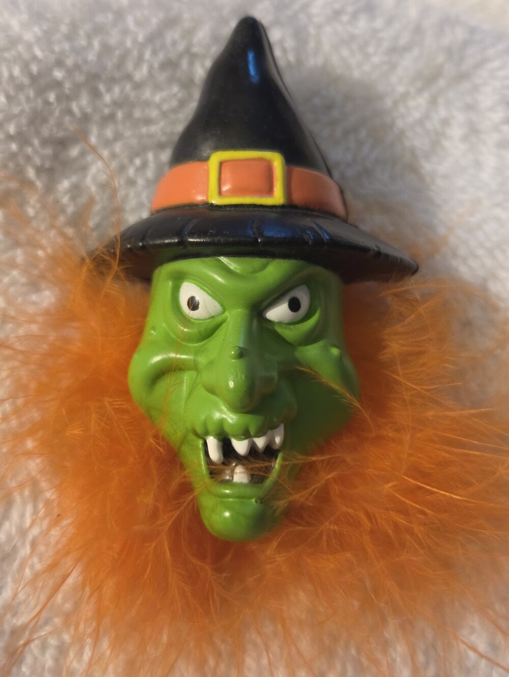 Vintage Russ Halloween Witch with Green Face Orange Hair Brooch